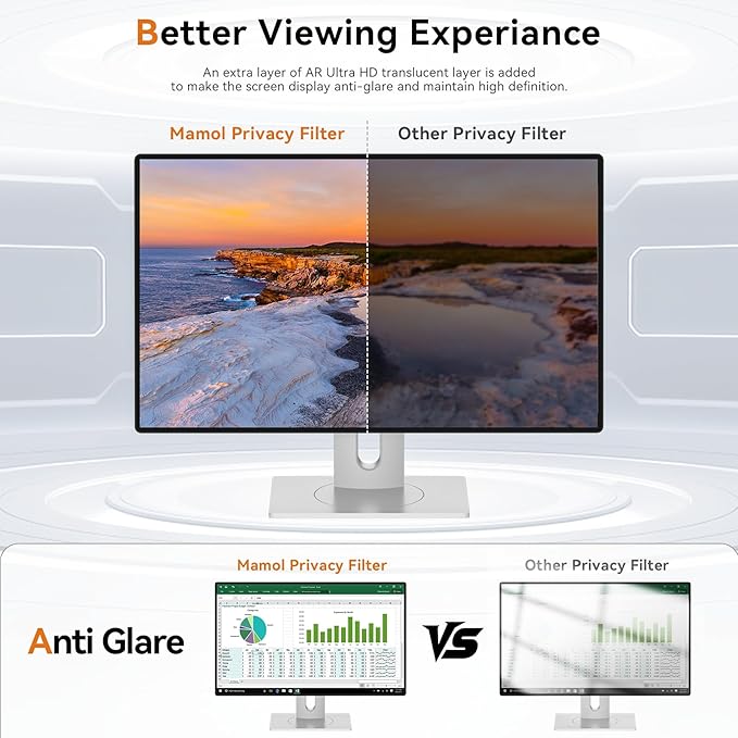 Mamol 24 Inch Computer Privacy Screen Filter for 16:9 Aspect Ratio Widescreen Monitor - Removable Computer Screen Privacy Shield and Anti Glare Blue Light Filter, Anti-Scratch Screen Protective Film