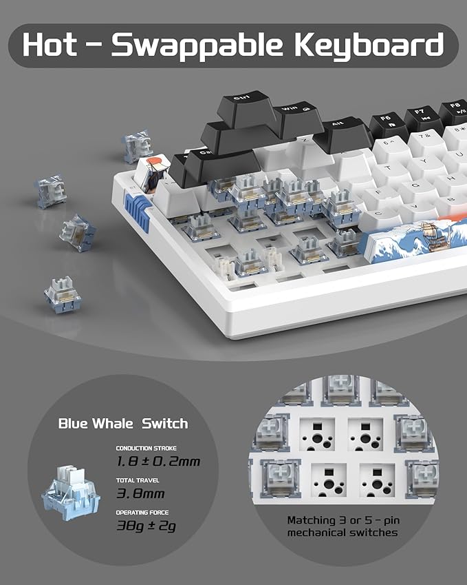 MageGee SKY98 Wireless Gasket Mechanical Gaming Keyboard, 96% Hot Swappable RGB Custom Creamy Keyboard with 5-Layer Sound Padding, BT/2.4G/USB-C, NKRO for Win/Mac (Waves, Blue Whale Switch)