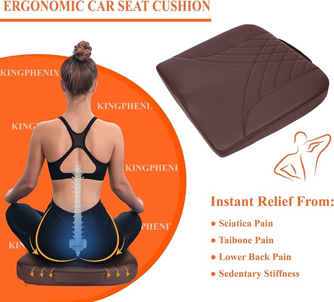 kingphenix Premium Car Seat Cushion, Memory Foam Driver Seat Cushion to Improve Driving View- Coccyx & Lower Back Pain Relief - Seat Cushion for Car, Truck, Office Chair (Brown)