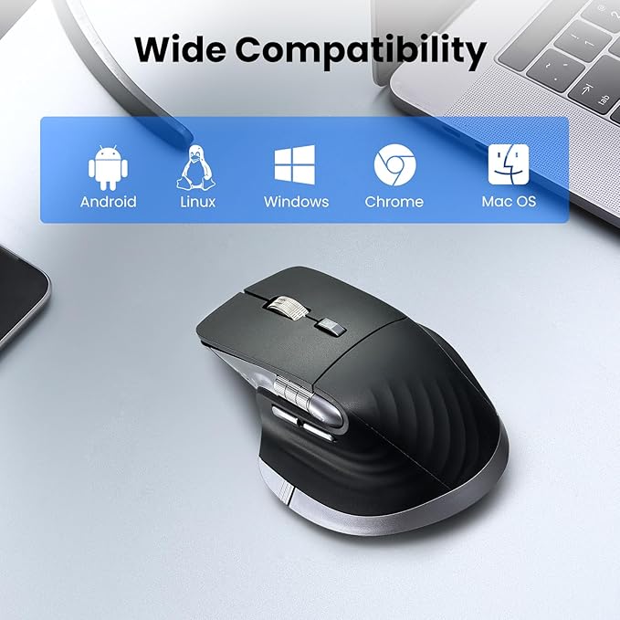 Wireless Bluetooth Mouse, Ergonomic Rechargeable Silent Mouse with Multi-Device, Adjustable DPI, Flying Scroll & Thumb Wheel, Bluetooth Mice for Laptop, Computer, Tablet, Smartphone (Black)