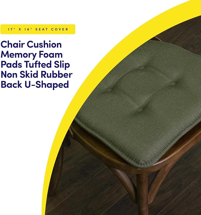 Sweet Home Collection Chair Cushion Memory Foam Pads Tufted Slip Non Skid Rubber Back U-Shaped 17" x 16" Seat Cover, 4 Count (Pack of 1), Army Green