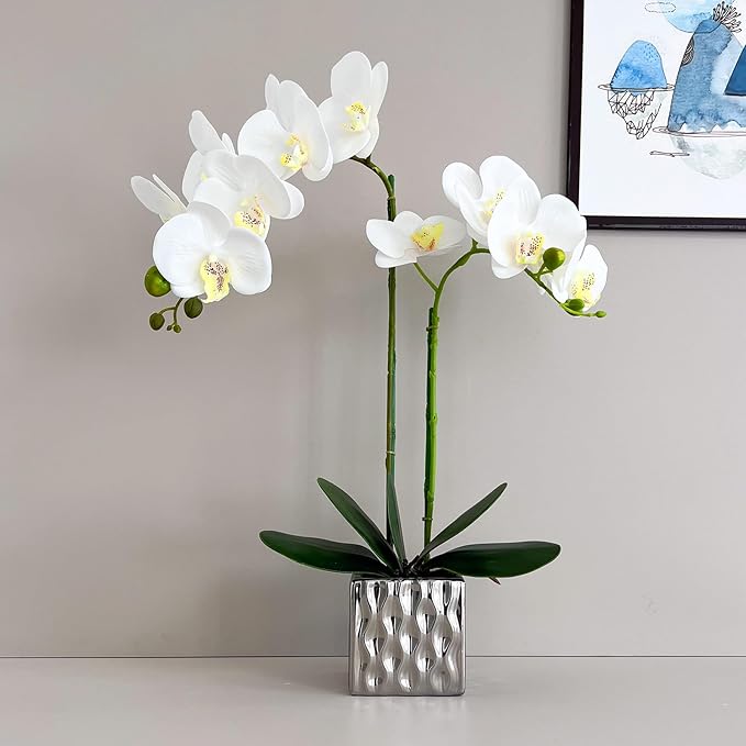 LISU Artificial Orchids, Silver Vases, Home Decoration Flower Arrangements, Fake Flowers in Vases. (C:White)