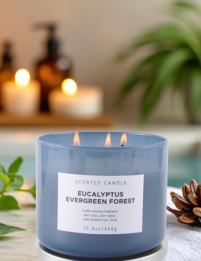 Eucalyptus Evergreen Forest 3 Wick Scented Candle | Luxury Soy Candles for Home | Relaxing Aromatherapy Stress Relief Candle 15.8 oz | Clean Burn Long Lasting Balsam Fir Woods Candles for Men & Women