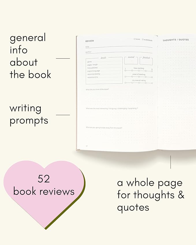 Kunitsa Co. The Reading Journal - 52 Reviews, Book Journal for Book Lovers and Readers, Review and Track Your Reading, Green