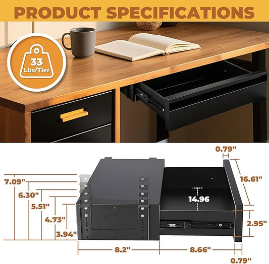 POPMOON 16 Inch Under Desk Drawer,Adjustable Height,Under Desk Drawer Slide Out, Metal Storage Drawer with Cable Management for Office & Home,Matte Black