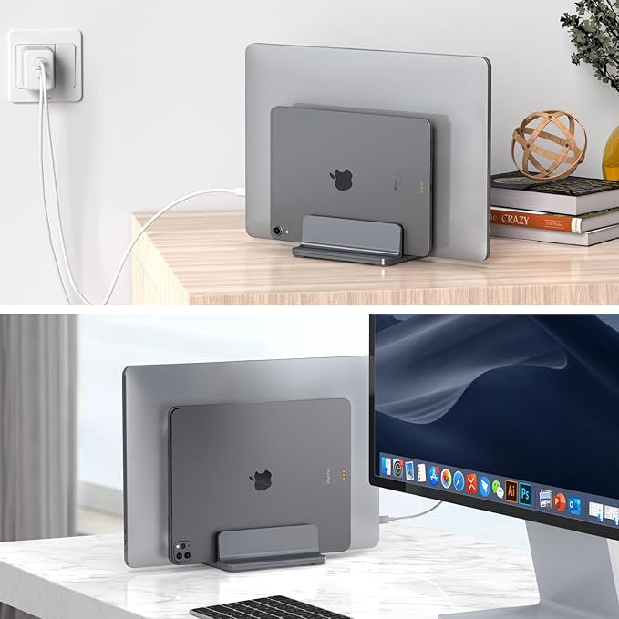 Dual-Slot Aluminum Vertical Laptop Stand for Desk - Adjustable Width Dock for MacBook, Surface, Samsung, HP, Dell up to 17.3 inches - Space-Saving & Protective Design - Gray