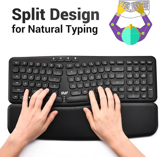 RVP+ Split Ergonomic Keyboard with Magnetic Wrist Rest (2.4 GHz), Wireless Keyboard and USB Interface - Black