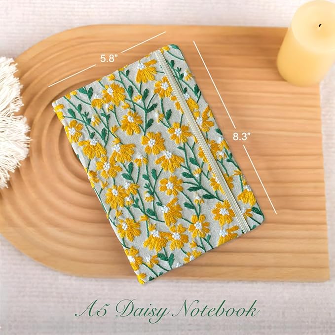 Daisy Gift, Flower Journal, Embroidered Notebook, Beautiful Journals for Women, 8"x6", Hardcover, Lay Flat, A5, Lined Paper, Wide Ruled Page, Writing Journal, Yellow Daisy, with Elastic Band