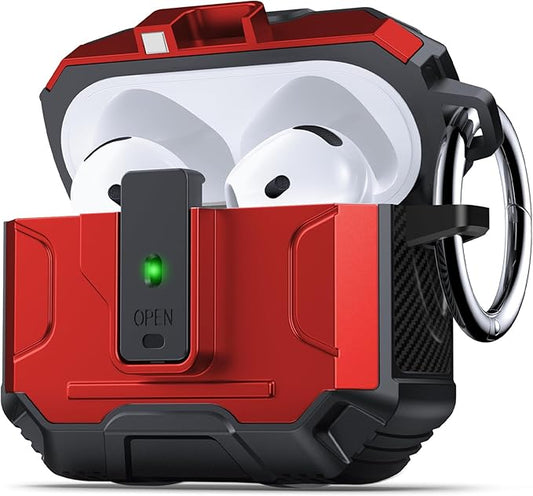 DASFOND Armor Earphone Cover Case for Airpods 4 Generation, Military Grade Full Body Shockproof Protection Hard Case, Support Wireless Charging with Keychain, Magnetic Lid, Front LED Visible, Red