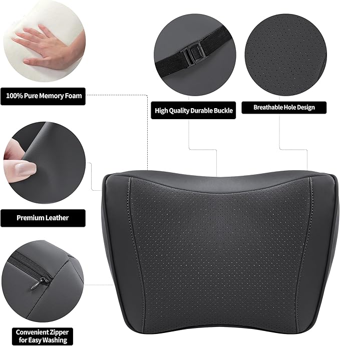 Car Headrest Pillow 100% Memory Foam, Breathable Removable Leather Cover, Premium Seat Support Head Neck Cushion for Driving Travel Home Office, Black, 2 Pack