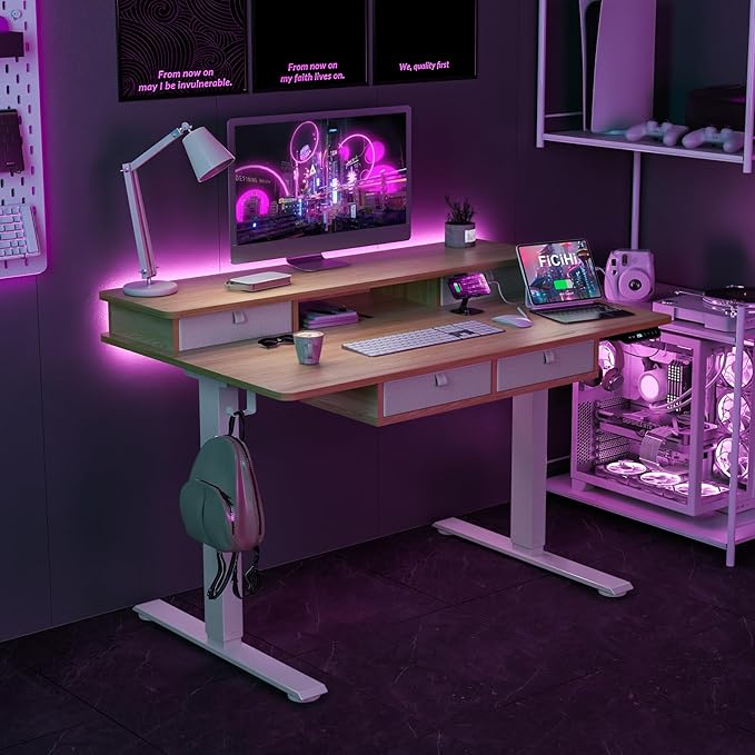 Adjustable Height Standing Desk with 4 Drawers,48 x 30 inches Electric Sit Stand Home Office Desk with Two Tiers, 3 Memory Presets, Monitor Stand Riser, USB A/C Charging Port