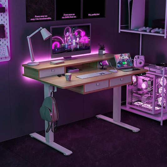 Adjustable Height Standing Desk with 4 Drawers,48 x 30 inches Electric Sit Stand Home Office Desk with Two Tiers, 3 Memory Presets, Monitor Stand Riser, USB A/C Charging Port