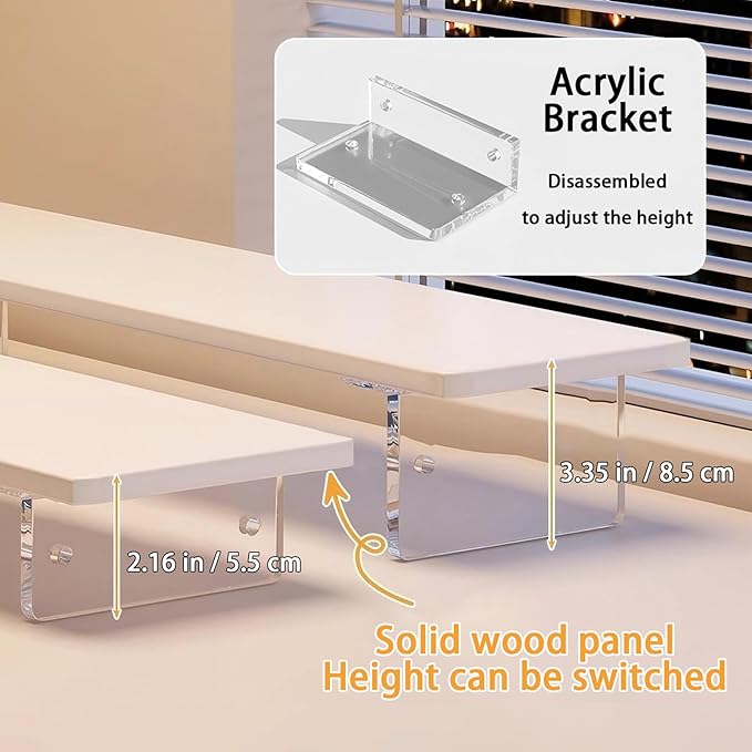 Anti-slip Monitor Stand Riser 2.16/3.34 Inch 2 Height Adjustments Clear Acrylic Stand with Clear Anti-slip Mat, Desk Accessories Screen/PC/Printer/Laptop/Mirror Riser 7.8 x 15.7 Inch (Black)