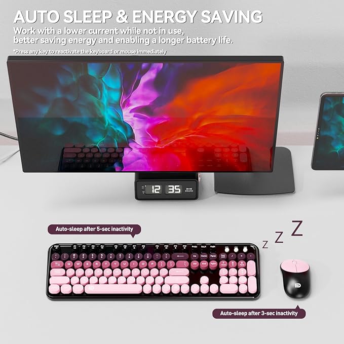 Wireless Keyboards Mouse Combos, Colorful Cute Typewriter Full-Size Retro Creamy Keyboard, 2.4GHz Sleep Mode Office Quiet Wireless Keyboard and Mouse Set for Desktop Laptop PC Computer-BlackBerry