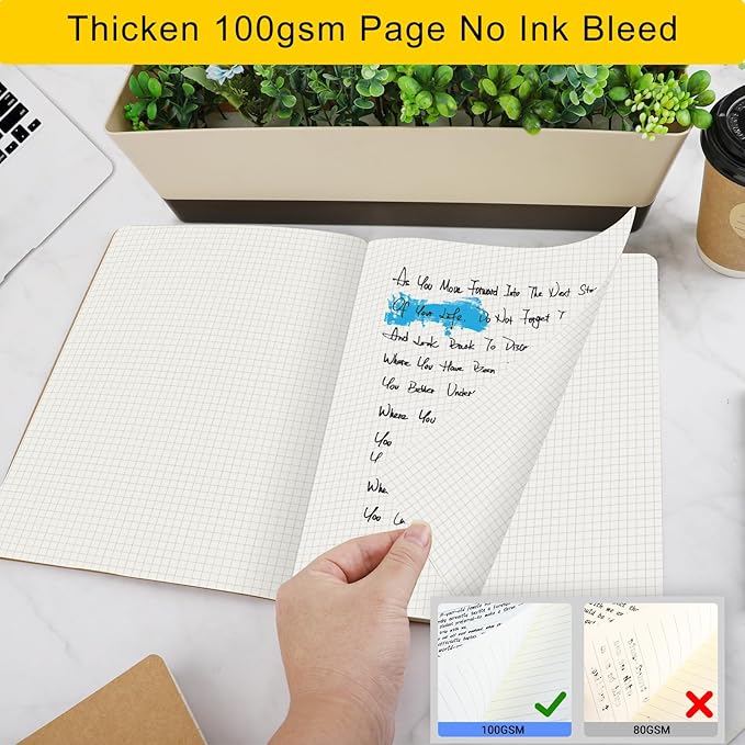 EUSOAR Large Graph Notebook, 1 Pack A4 8.5" x 11" 40 Sheets/ 80 Pages, 100gsm Thick Paper Kraft Sketchbook Composition Diary Subject Notebooks Planner Reading Journal for Office Work