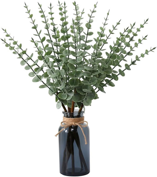 Leftover 18.8" Artificial Eucalyptus Stems in Black Glass Vase,Fake Plant Eucalyptus Plant for Centerpiece Table Decorations Black Bathroom Farmhouse Home Decor