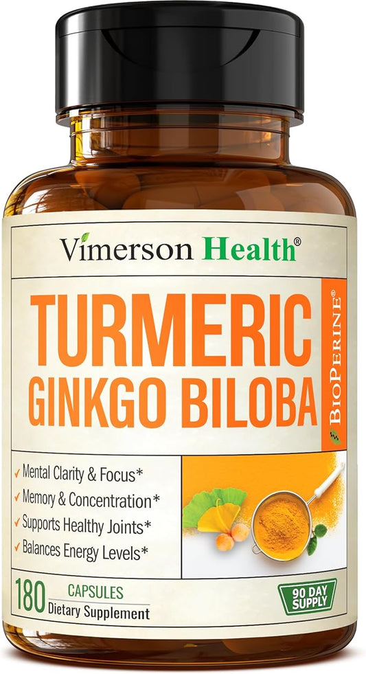 Ginkgo Biloba and Turmeric Curcumin Supplement with Black Pepper & Organic Tumeric – Natural Turmeric Supplement for Focus, Memory, Joint & Brain Health – 180 Vegan Ginko Biloba Capsules with Curcuma