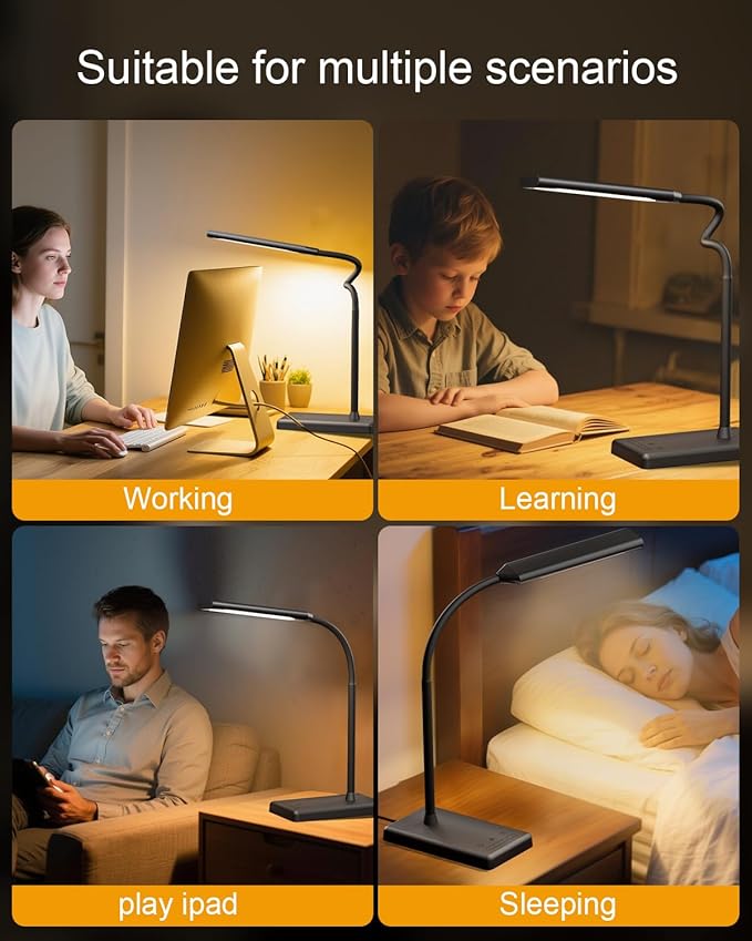Adjustable LED Desk Lamp with Wireless Charging & Touch Control | 5 Colors & 6 Brightness Levels Eye-Caring Office Light with Memory & Timer