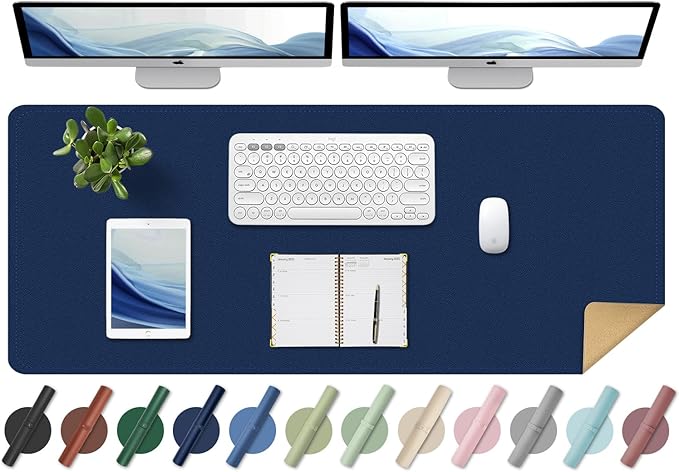 BLESWIN Large Desk Pad Mat 47.2"" x 17"", Office Desk Mat, Non-Slip PU Leather & Cork Desk Blotter for Keyboard and Mouse, Large Desk Mat, Large Mouse Pad for Office & Home(Dark Blue)