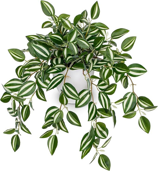 Briful Fake Plants Indoor Artificial Potted Silk Plants Faux Watermelon Peperomia Cascading Vine Plant for Home Office Livingroom Desk Shelf Mantle Decoration(Green/White - 1 Pack)