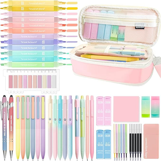 53PCS Aesthetic School Supplies with Large Pencil Case,12 Pastel Highlighters,5 Black & 6 Color Ink Gel Pens,2 Inspirational Stylus Ballpoint Pens,4 Mechanical Pencils 0.5-0.7mm Student Essentials