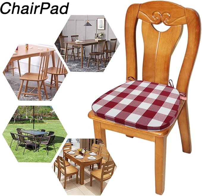 Plaid Chair Cushions with Ties for Dining Chairs - Memory Foam Non Slip Kitchen Chair Pad and Seat Cushion with Machine Washable Cover [16.5 x 16.2 Inches] - (Red White,1)
