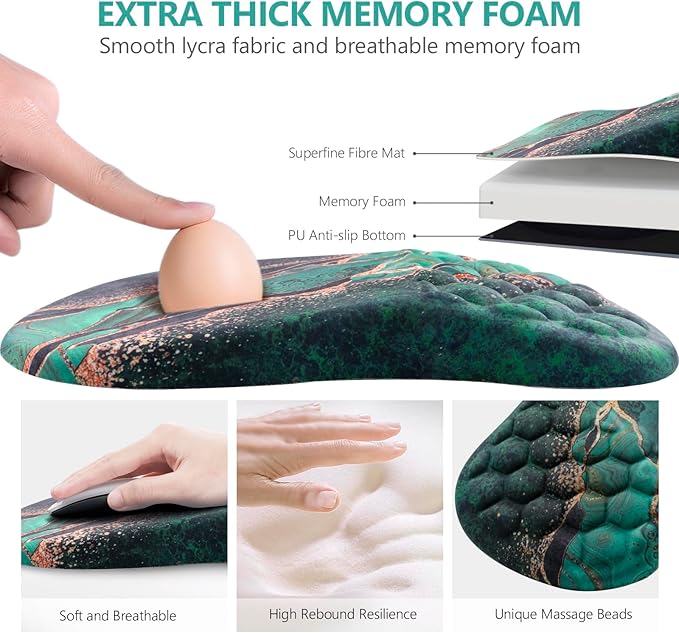 Ergonomic Mouse Pad with Wrist Rest, Comfortable Laptop Mouse Pad, Pain Relief Non-Slip PU Base Green Gold