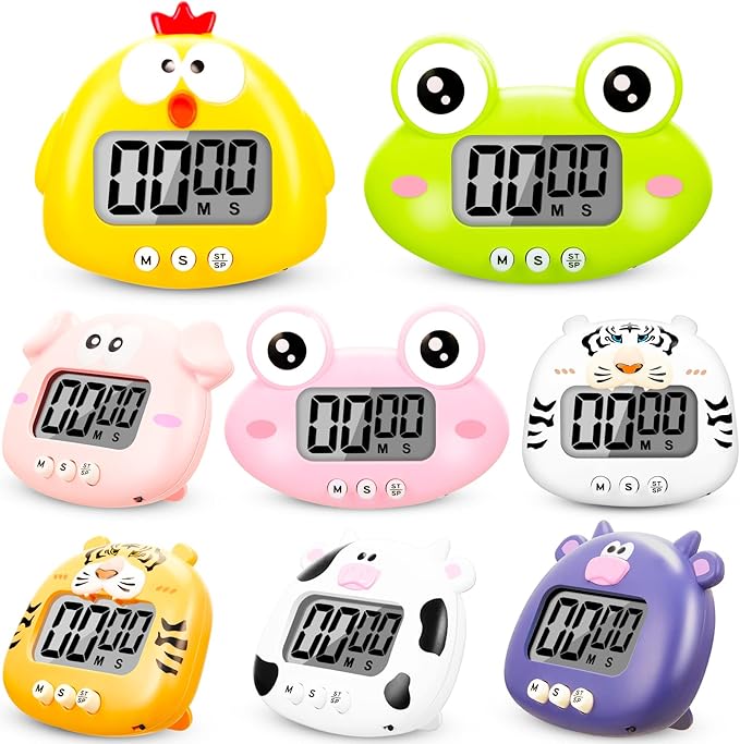 8 Pcs Cute Animal Kitchen Timer Digital Countdown Classroom Timer Magnetic Cartoon Decorative with LCD Large Visual Screen for Kitchen Cooking Classroom Whiteboard, 8 Styles