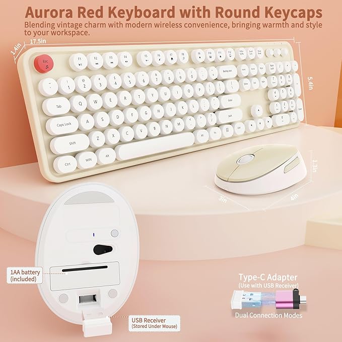 HotFox Wireless Keyboard and Mouse Combo, Full-Size Retro Typewriter Keyboard with Round Keycaps, Ergonomic Design for Windows PC, Home and Office Use - Cream