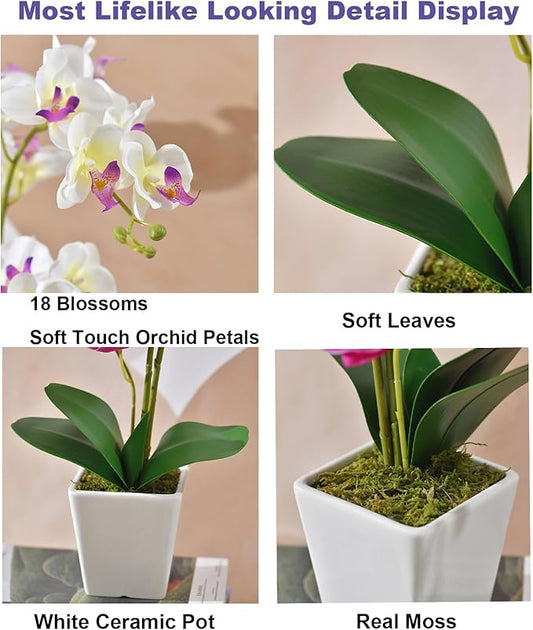 Faux Orchid in Vase Tall Artificial Orchid in Ceramic Vase Tall Silk Orchids with Stems Real Look Potted Fake Phalaenopsis Arrangement Centerpiece Table Decorations for Home Decor Indoor, White