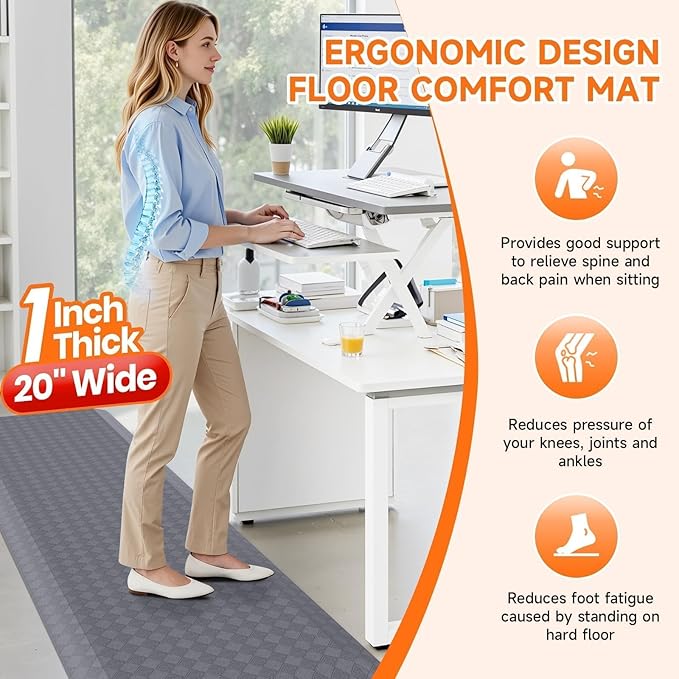 StepRite 1” Thick Kitchen Mats for Floor, Anti Fatigue Kitchen Rugs, Non-Slip,Heavy Duty Waterproof Kitchen Rug, Standing Desk Mat for Home, Kitchen, Office(Grey)