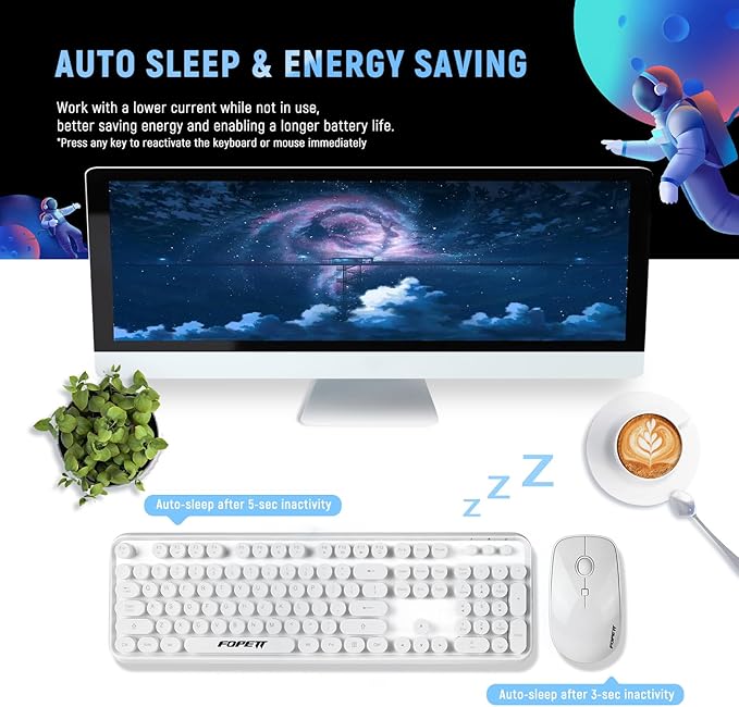 FOPETT Wireless Keyboard and Mouse Combo - 2.4G Full-Sized White Keyboard with Round Keycaps 104 Keys Typewriter Keyboard for Laptop/Windows/PC - White