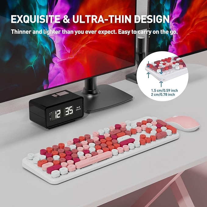 Cute Retro Wireless Keyboard and Mouse Combo with Round Key, 2.4Ghz Dropout-Free Connection, Typewriter Wireless Keyboard and Mouse Set for PC, Laptop, Desktop Computer - Pink Colorful