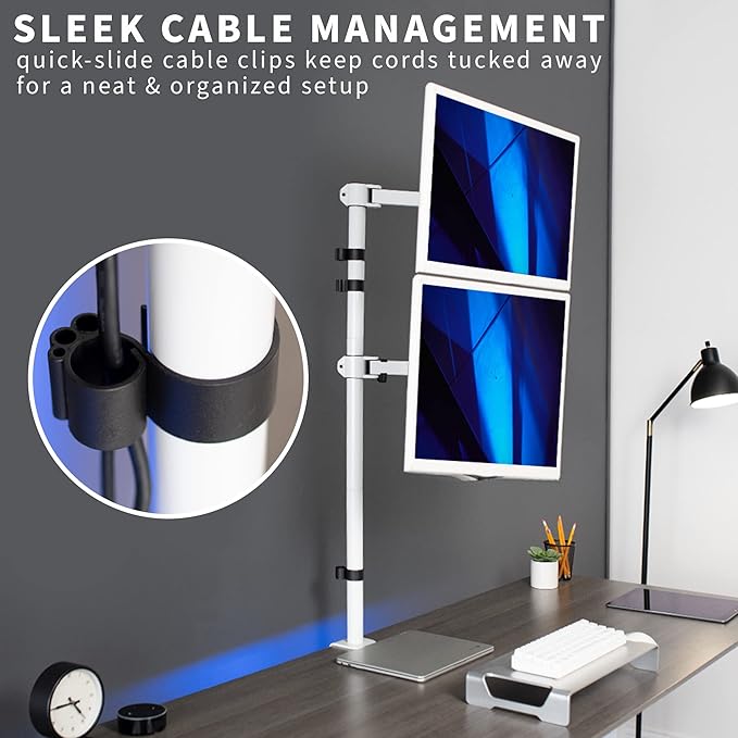 VIVO Extra Tall Vertically Stacked Dual Monitor Desk Mount Stand with 39 inch Stand-up Pole, Fully Adjustable Extended Arms, Fits 2 Screens up to 27 inches, White, STAND-V012TW