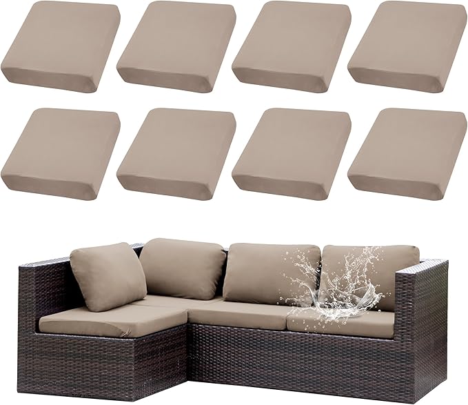 8Pcs Stretch Patio Cushion Covers Waterproof Outdoor Cushion Covers, Outdoor Couch Covers Patio Couch Cover Slipcovers Polyester Fiber (Cover Only)（Khaki）
