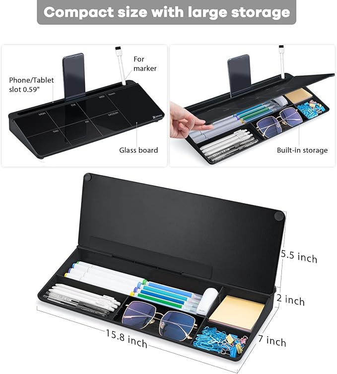Varhomax Glass Weekly Planner Desk White Board, Desktop Calendar Whiteboard with Storage, to Do List Memo Caddy for Home Office and School Supplies, Black