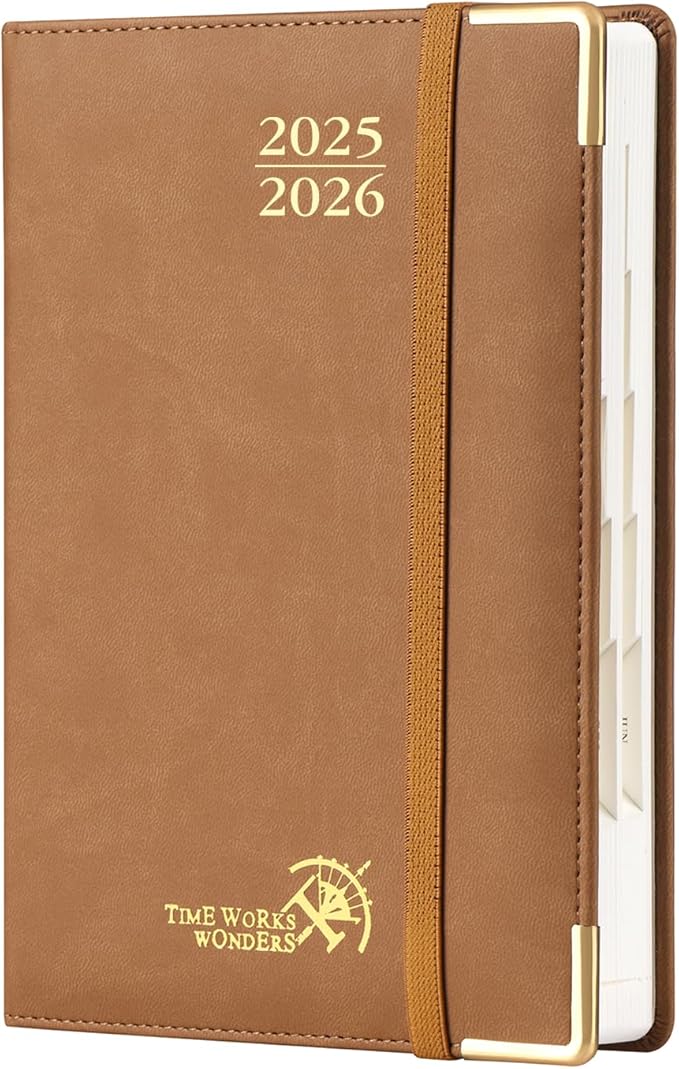 POPRUN Daily Planner 2025-2026 One Page per Day, (A5 Size 5.75" x 8.5") Academic Calendar (July25- June26) Hourly Appointment Book with Vegan Leather Hardcover, Monthly Tabs & Pocket - Brown
