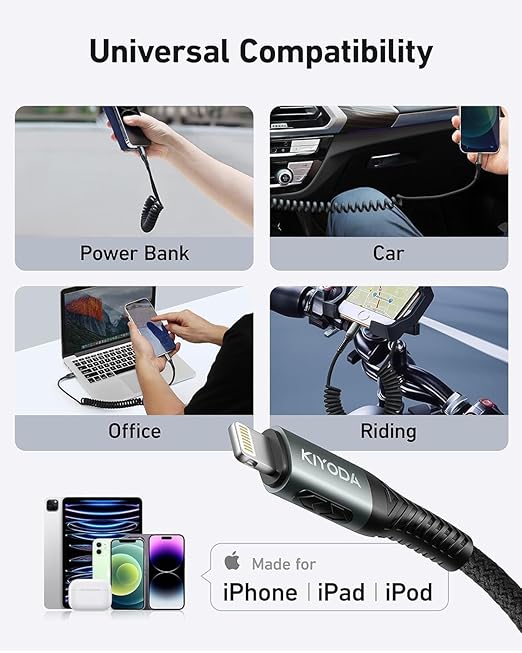 USB to Lightning Cable for Car 6FT, Coiled iPhone Charger Braided USBA to Lightning Cable [Apple MFi Certified] Fast Charging Cord Compatible with iPhone 14 Pro/Pro Max/Plus 13 12 11 8 7, iPad AirPods