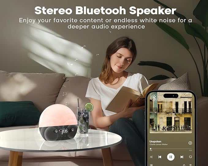 MOMILLA Sunrise Alarm Clock with Bluetooth Speaker, White Noise Sound Machine for Sleep, Clocks for Heavy Sleepers Bedrooms for Kids Adults, Wake up Light Night Lights Sunset Lamp