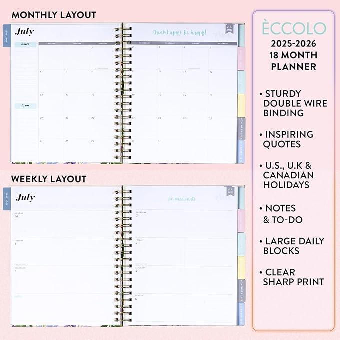 2025-2026 Eccolo Large Spiral Agenda Planner, Hardcover, Weekly & Monthly Views, 18 Tabbed Months, Inspiring Graphics and Quotes (Extra Large - 9" x 10.5")