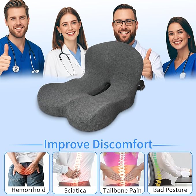 Memory Foam Seat Cushion,Office Chair Cushion with Lumbar Support for Back Pressure Relief, Car Seat Cushion with Adjustable Strap,Sciatica Pad Cushions for Car,Truck, Desk,Gaming Chair