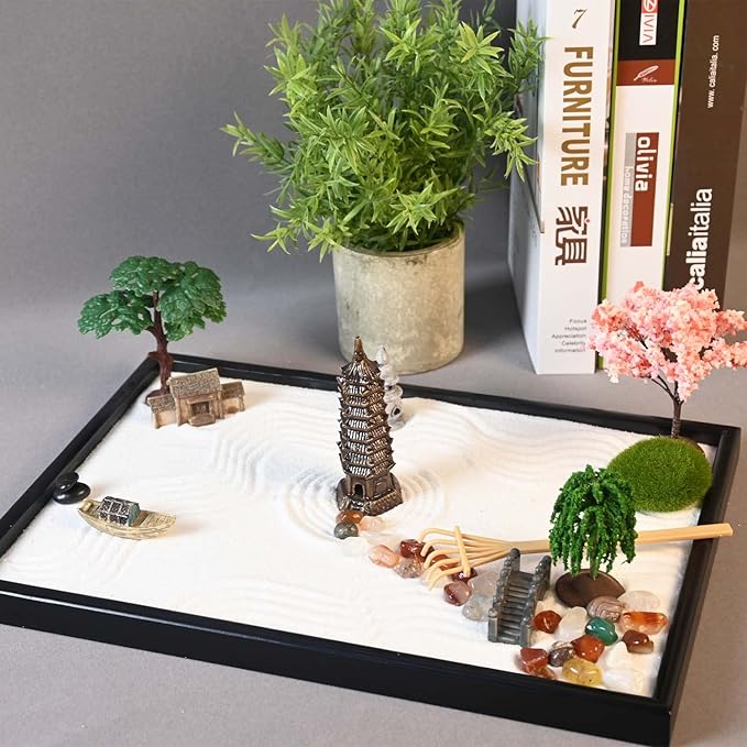 14" x 10" Large Japanese Zen Garden Kit for Desk - Sand Garden Decoration Included, Sand Tray, Rake, Trees, Incense Burner, Door, Well, Bridge - Zen Gifts for Women
