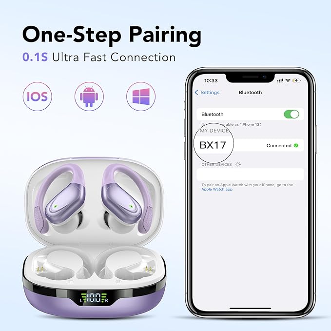 Ear buds Wireless Earbuds Bluetooth 5.3 Headphones 60hrs Playtime with Digital Display Sports Wireless Headphones with Earhook Deep Bass IPX7 Waterproof Over-Ear Earbuds for Android iOS Workout Purple