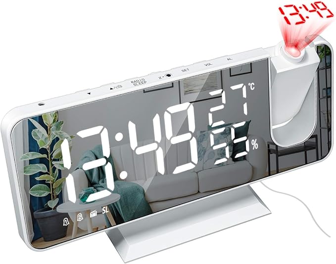 Projection Alarm Clock for Bedroom, Digital Alarm Clock with USB Charger, 7.4" Large LED Mirror Display Radio Alarm Clock, Dual Smart Alarm with Projection on Ceiling, White