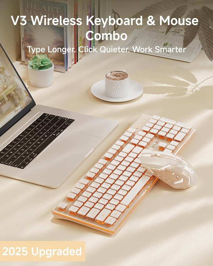 EWEADN V3 Wireless Keyboard and Mouse with Single Backlit, Metal Panel, Bluetooth/2.4G Rechargeable Computer Keyboard and Mouse Combo Silent Lighted Full Size Cute Keyboards-Rose Pink