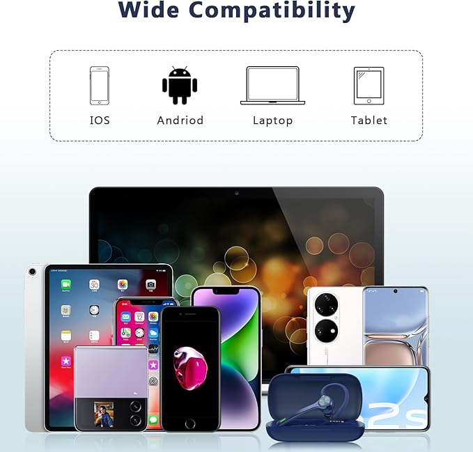 Bluetooth Headset, Wireless Bluetooth Earpiece with 500mAh Charging Case 72 Hours Talking Time Built-in Microphone for iOS Android Cell Phone, Hand-Free Headphones for Trucker, Office-Blue