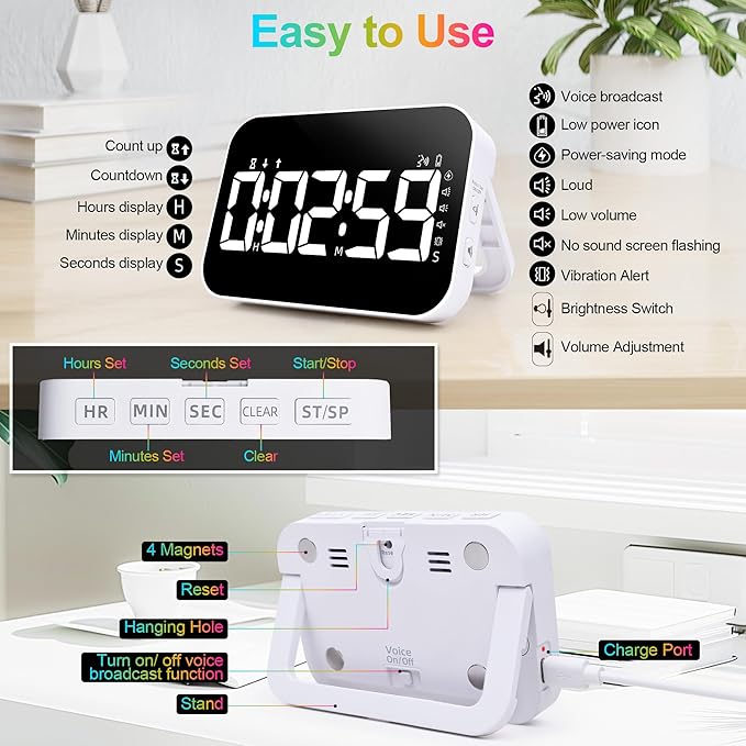 Kitchen Digital Timer, Rechargeable Magnetic Count Down Up Timer, Vibration Mode Adjustable Volume and Brightness LED Display with Sound Alert Function for Kids Adults Study Teaching, Kitchen Gadgets