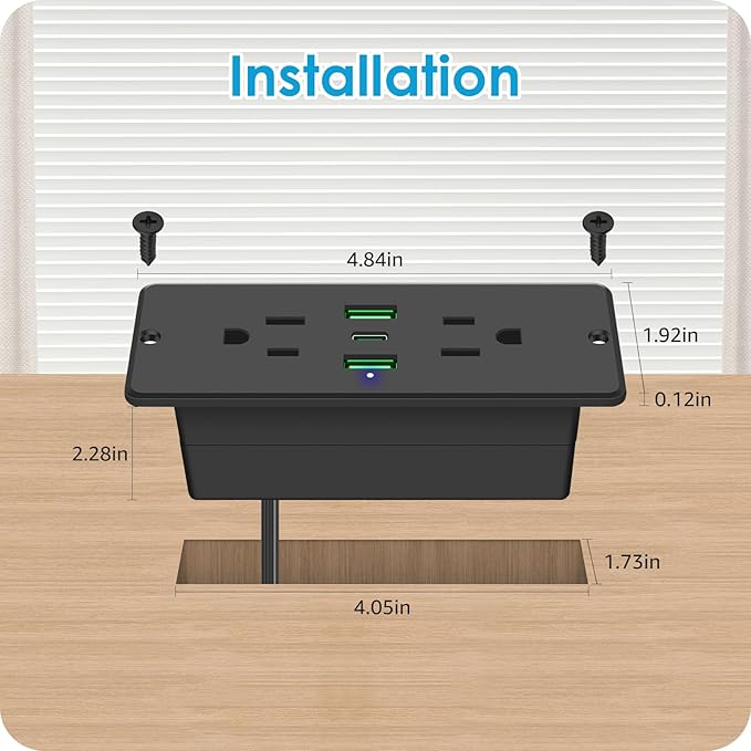 HHSOET 5 in 1 Recessed Power Strip Flat Plug, 45W Fast Charging Furniture Outlet with USB, Conference Recessed Socket with 2 AC Plugs, 2 USB Ports 1 USB-C, 10ft Power Cord. (Black)