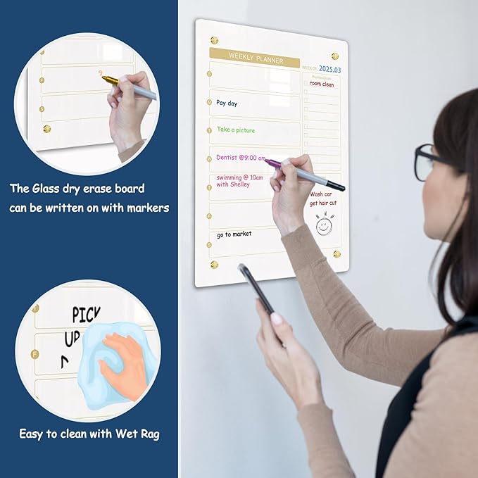 Glass Dry Erase Calendar Whiteboard for Wall, Small Weekly Calendar Glass White Board, 11.8" x15.7", Planner Board for Home, Office, School (Weekly-WH-3040)