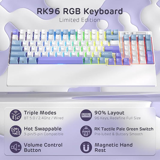 RK ROYAL KLUDGE RK96 RGB Limited Ed, 90% 96 Keys Wireless 3-Mode BT5.0/2.4G/USB-C Hot Swappable Mechanical Keyboard w/Wrist Rest, Volume Control, Software, Massive Battery, RK Pale Green Switch